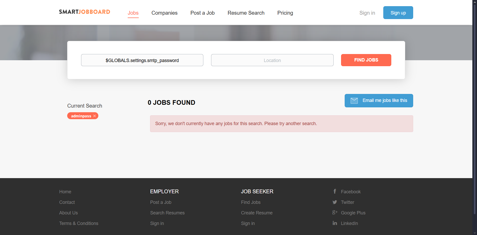 Template injection in SmartJobBoard